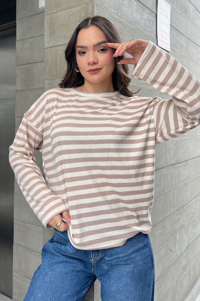 POLO MANGA LARGA LINEAS BEIGE
