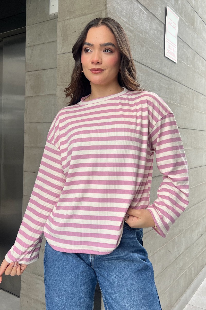 POLO MANGA LARGA LINEAS ROSADO